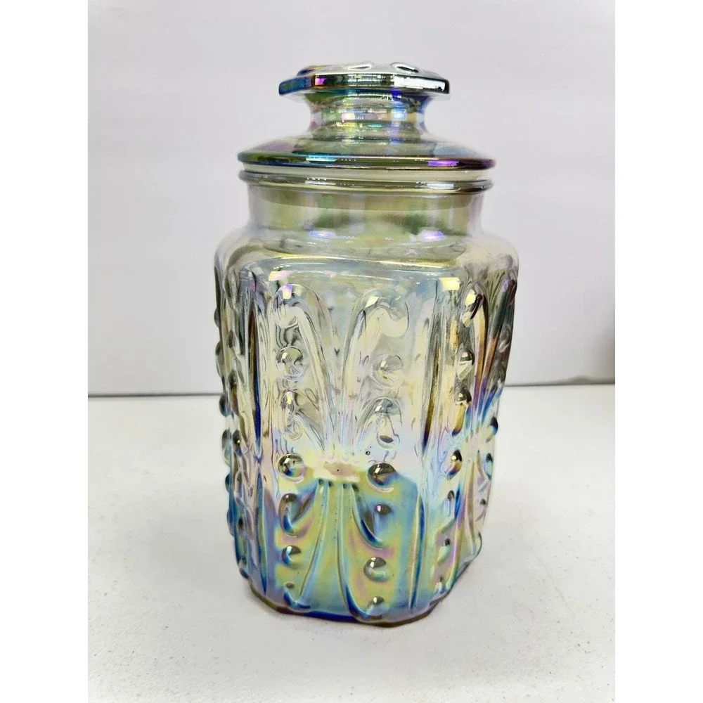 Vintage LE Smith Imperial Atterbury Scroll Canister Jar Iridescent Carnival 9